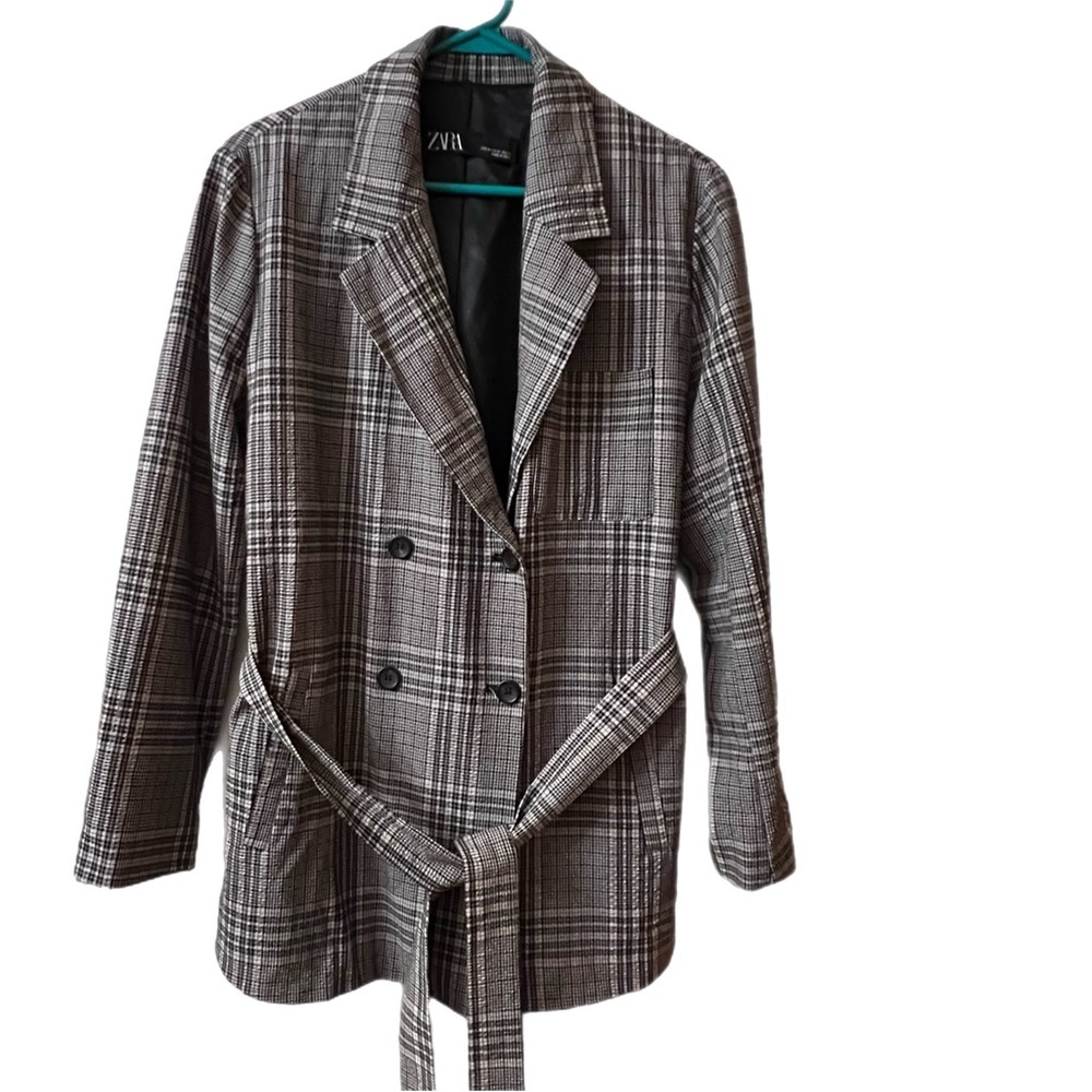 ZARA Women's Grey Check Blazer With Belt Double Breasted Jacket Size M - Picture 2 of 10